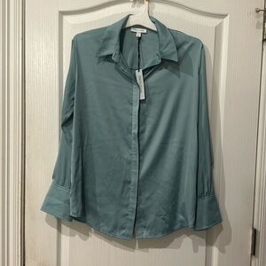 Prologue sz S sea blue light aqua Matte silk look long sleeve button down NWT